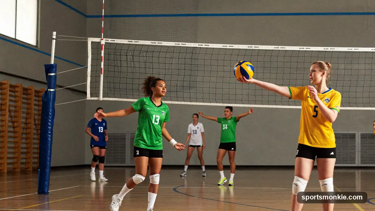 Youth club volleyball team huddling on an indoor court during a tournament