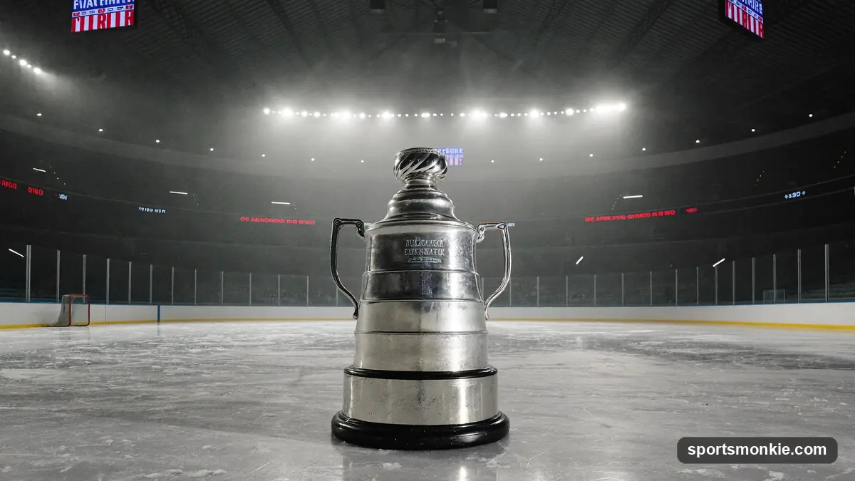 Silver NHL playoff MVP trophy on an ice rink