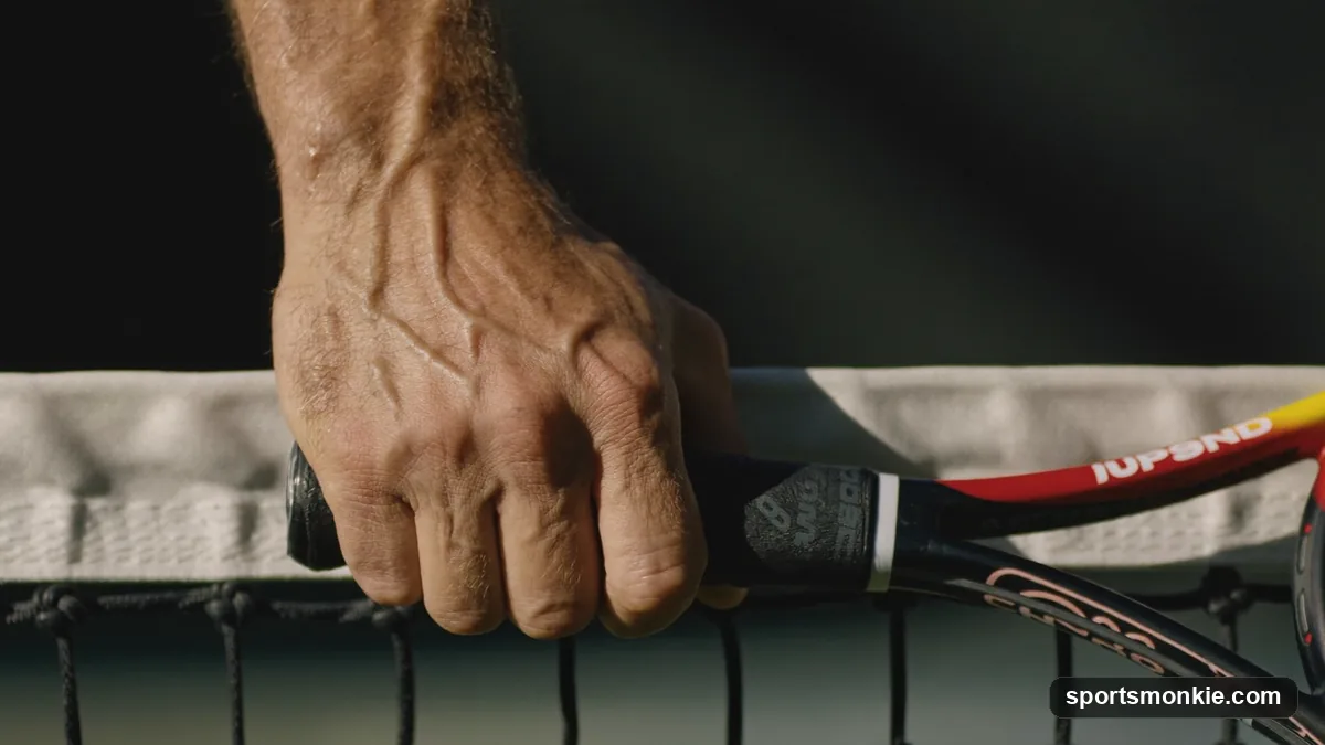 Close-up of a player's hand holding a tennis racket in the continental grip on bevel 2 of the handle