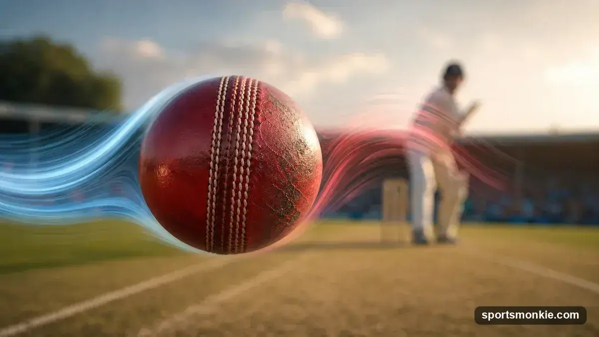 A cricket ball mid-air with its seam visible, illustrating conventional versus reverse swing bowling