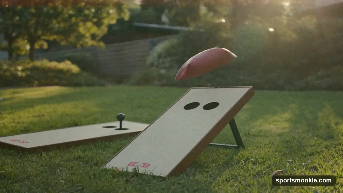 Cornhole rules diagram showing 27-foot distance, board specs and cancellation scoring