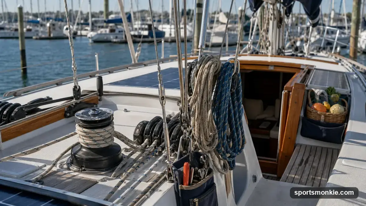Liveaboard sailboat moored in a marina with a monthly cost breakdown of slip fees, maintenance and insurance