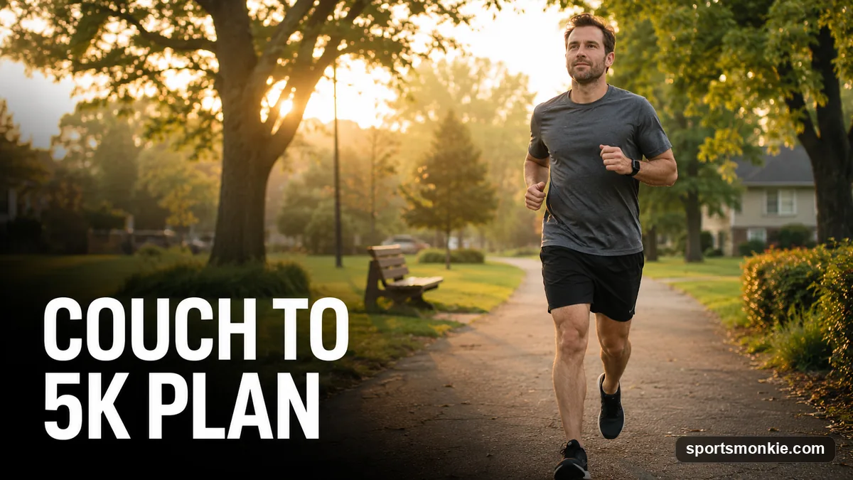 A beginner runner checking a watch mid-stride on a park path during a walk/run interval session