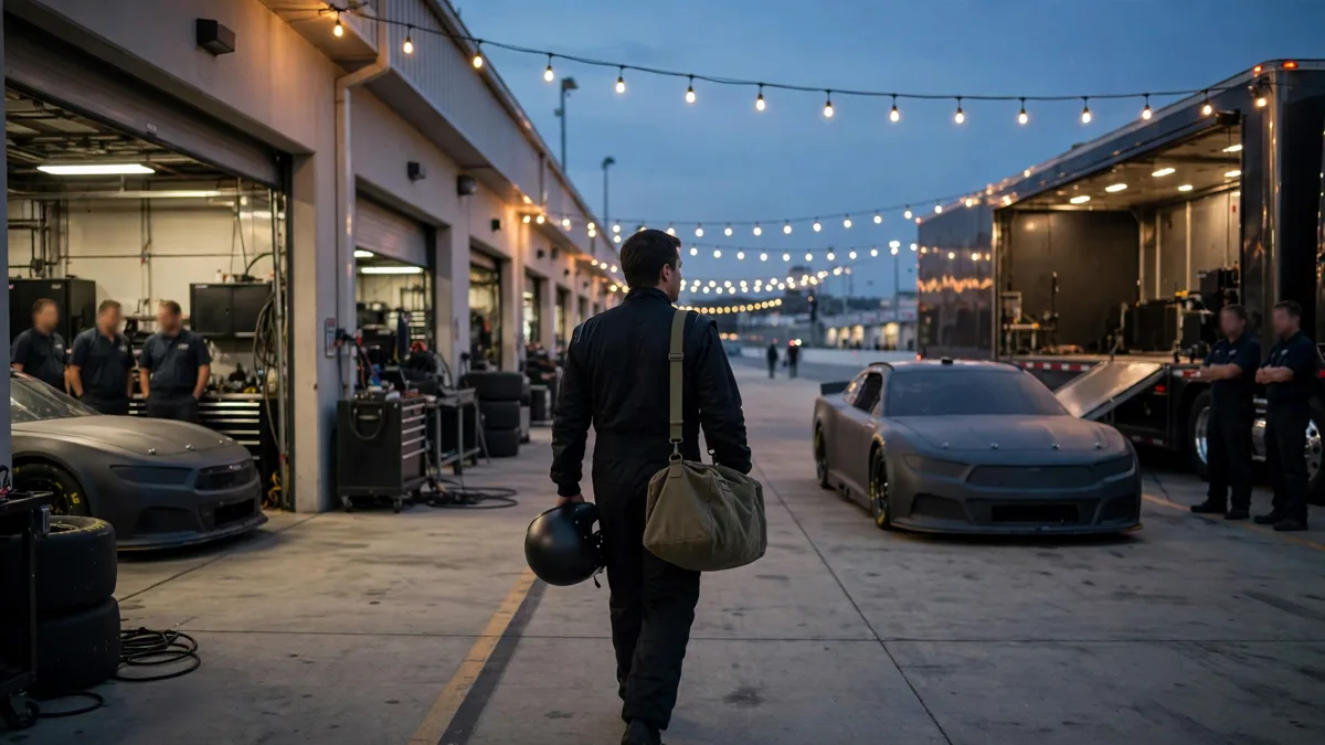 A stock car driver carrying his helmet and bag across a garage at dusk, walking from one team's bay toward another team's hauler, editorial graphic