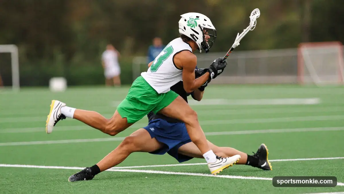 A box lacrosse defender using a legal cross-check against an opponent