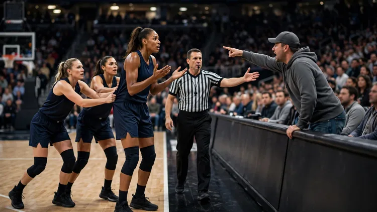 A courtside fan standing and pointing toward the court as a tall player turns toward the stands and a referee steps between them, editorial graphic