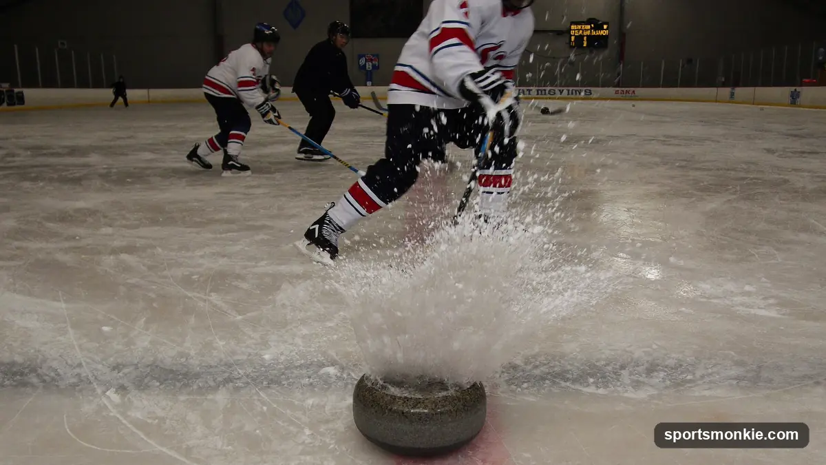 Curling players sliding a granite stone down the ice while teammates sweep ahead of it
