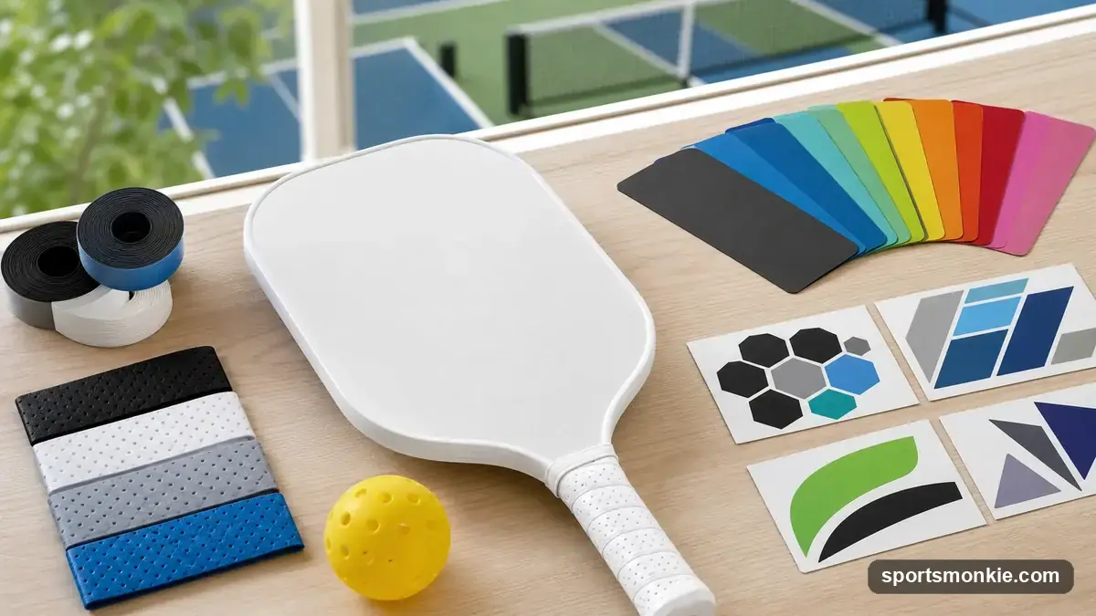 Pickleball paddle faces laid out showing custom graphics, engraving, and color options next to a stock paddle