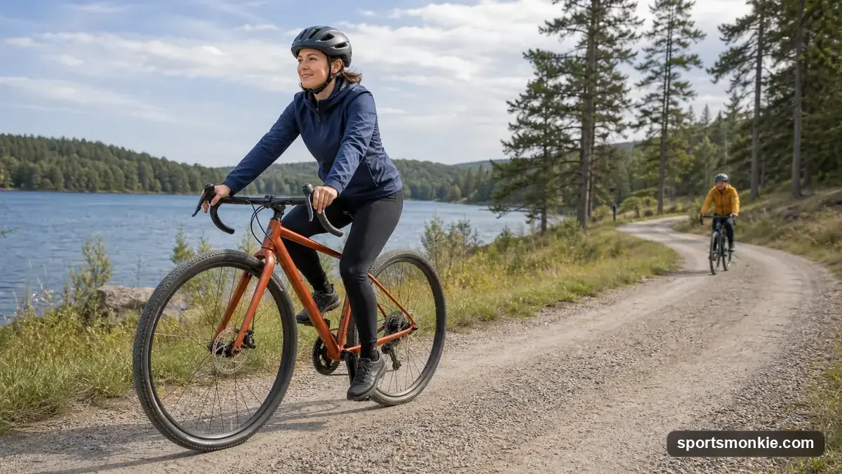 Beginner cyclist riding a hybrid bike on a paved path, wearing a helmet