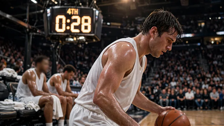 A generic basketball guard in a plain white jersey, exhausted and sweating, still dribbling late in a game in a packed arena with a nearly empty bench and a glowing game clock behind him, editorial graphic