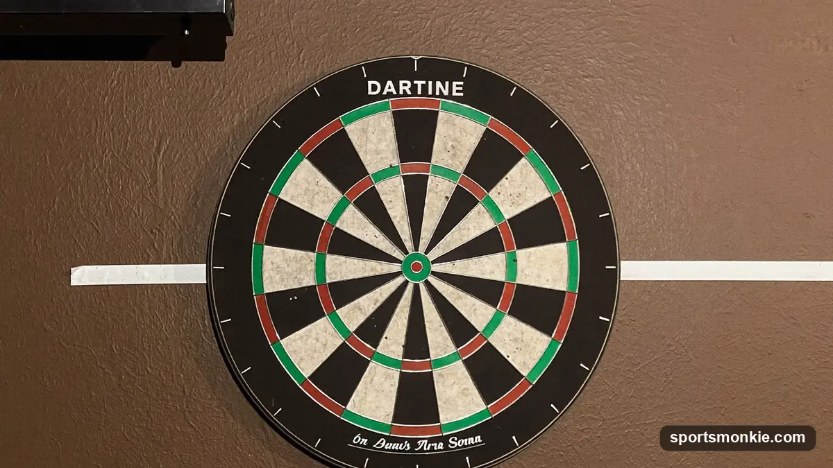 Dart board setup showing 5 ft 8 in bullseye height and 7 ft 9.25 in oche distance