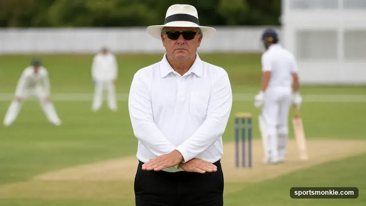 A cricket umpire signaling dead ball on the pitch