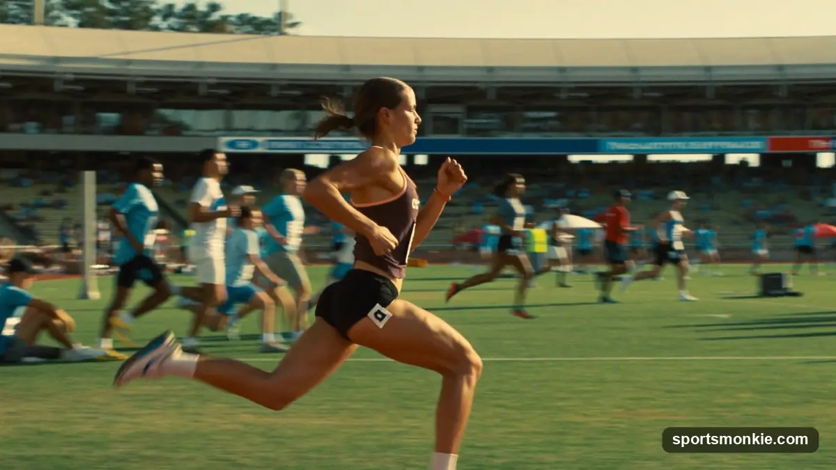 A decathlete competing in track and field across multiple events over two days
