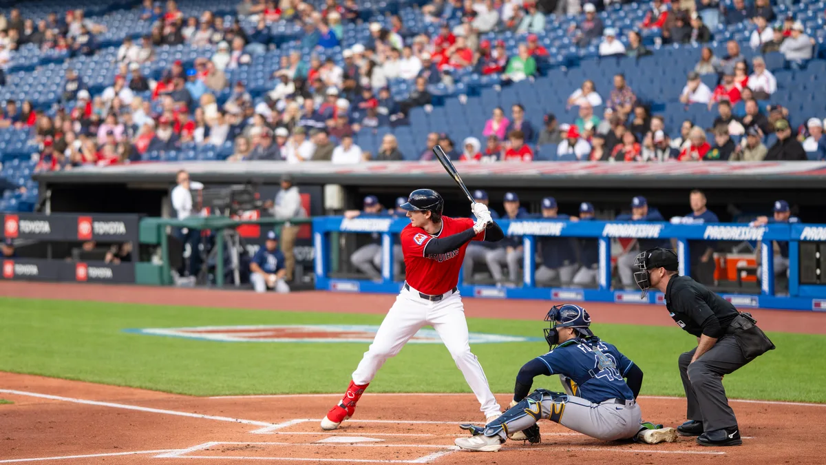 File photo from 28 April 2026: Chase DeLauter of the Cleveland Guardians. It does not show ALCS Game 4 or the seventh-inning error. The 16:9 cropped derivative is offered under the same CC BY 4.0 licence.