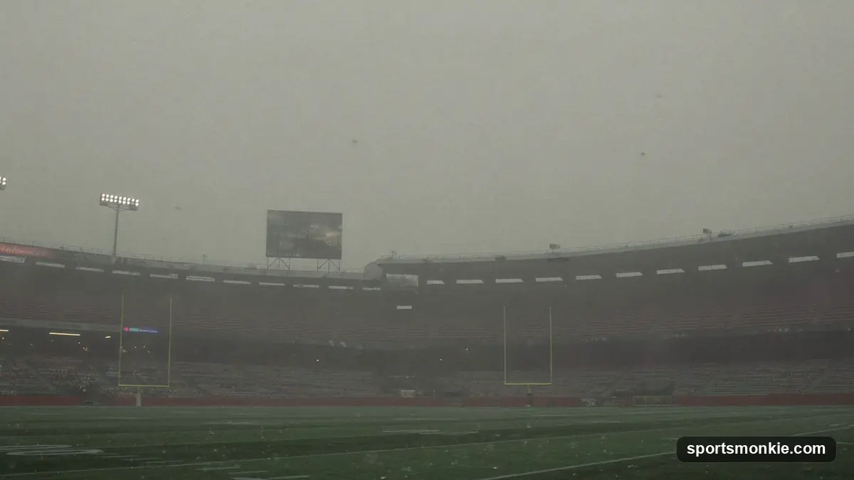 American football helmet resting on an empty field beneath a grey overcast sky
