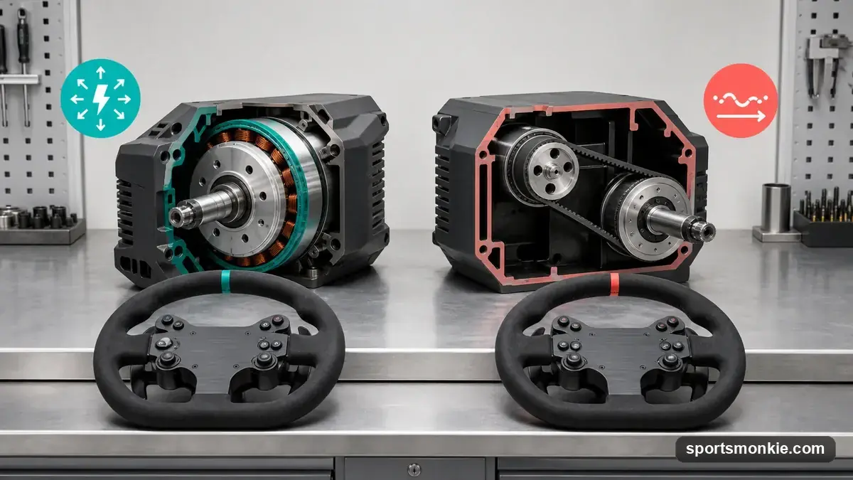 Split comparison of a direct drive sim racing wheelbase motor next to a belt-driven wheelbase pulley system