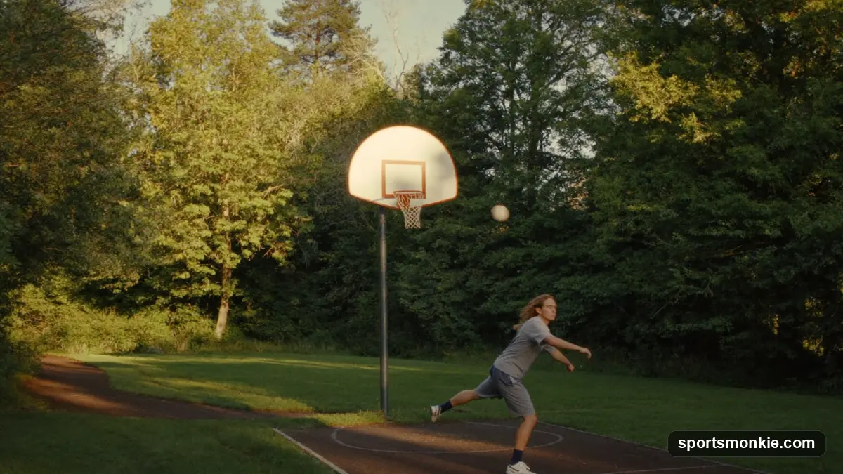Disc golf player throwing a disc toward a chain basket in a wooded park at golden hour