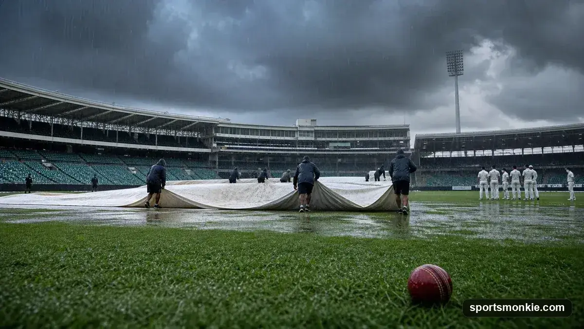 A rain-covered cricket pitch with covers on, representing a DLS-affected match
