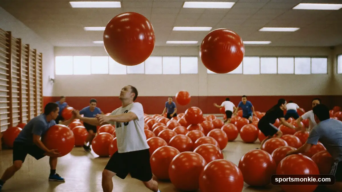 Dodgeball court with two teams, center line and balls lined up for the opening rush