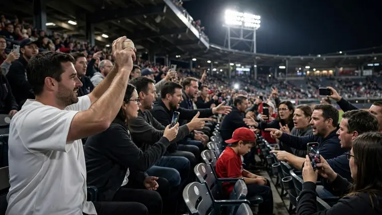 A generic fan in a white visiting jersey holding a caught baseball high in night-game stands while nearby fans gesture toward a disappointed child in a red jersey, editorial graphic
