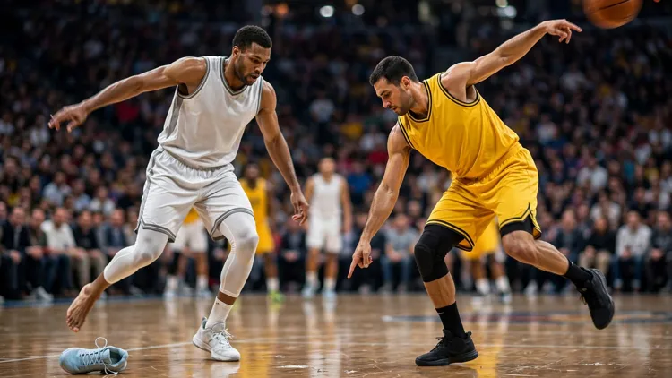 A generic guard in a yellow jersey pointing down at a light-blue sneaker lying loose on the court as a generic defender in white stumbles with one bare foot, arena crowd behind, editorial graphic