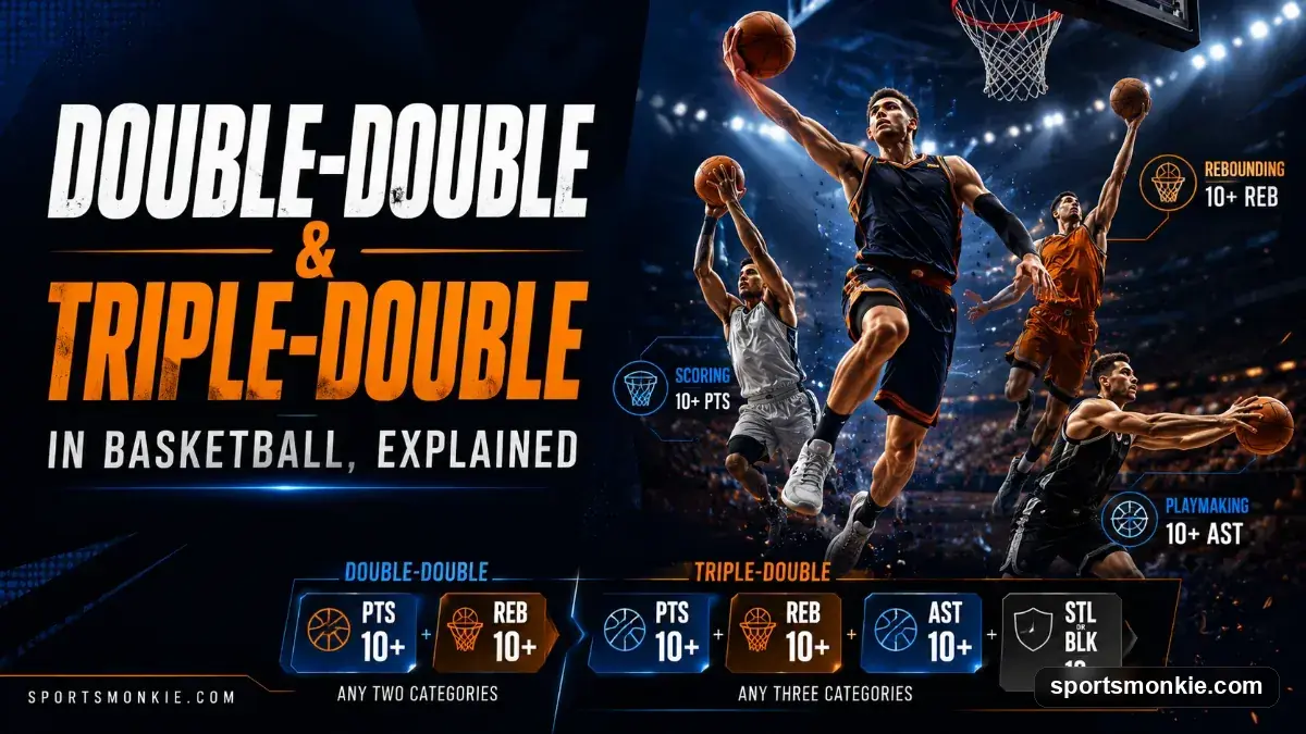 Basketball player driving to the hoop, illustrating double-double and triple-double stat lines
