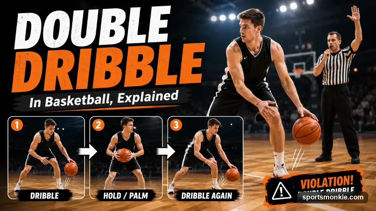 A basketball player dribbling as a referee signals a double dribble violation