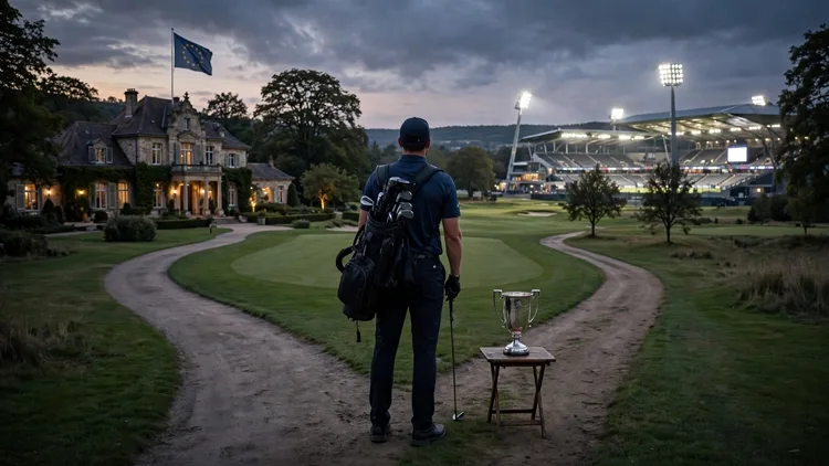 A generic professional golfer seen from behind at a fork in a fairway at dusk, a traditional clubhouse flying a blue flag with gold stars on one side and a floodlit stadium course on the other, a silver team trophy on a table beside him, editorial graphic