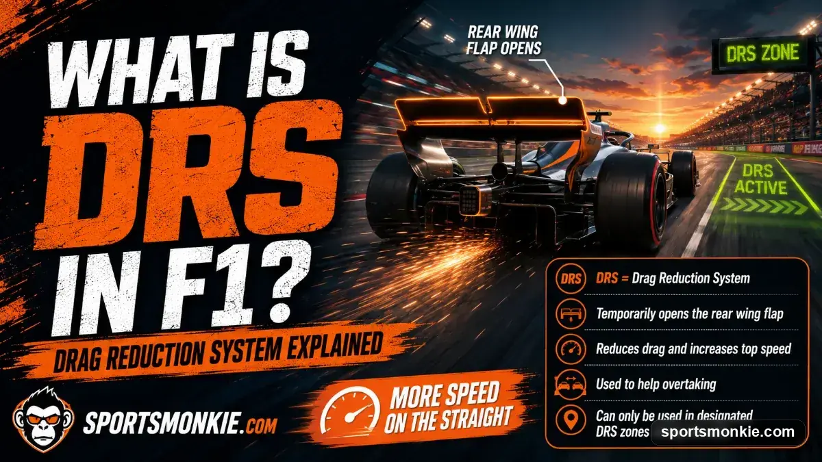 A Formula 1 car with its rear wing flap open in a DRS zone on a straight
