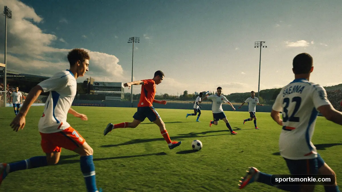 Two youth soccer teams competing in a competitive match on a full-size pitch