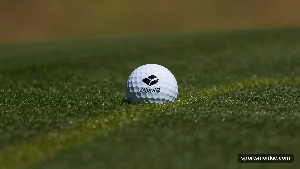 A golf ball plugged in its own pitch-mark in soft turf, half buried below ground level