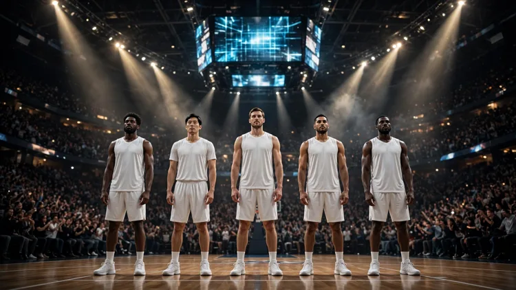 Five generic basketball players in plain white uniforms standing in a line under arena spotlights during player introductions for a new starting lineup's first game together, editorial graphic