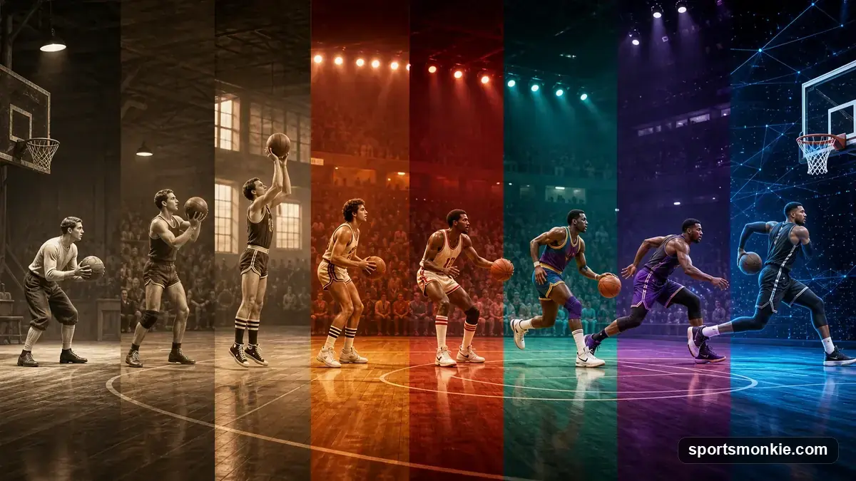 Basketball court with era-styled overlays representing different decades of NBA history