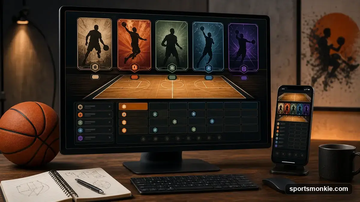 Basketball on a hardwood court with a faded decade-era overlay, representing an era-based basketball drafting game