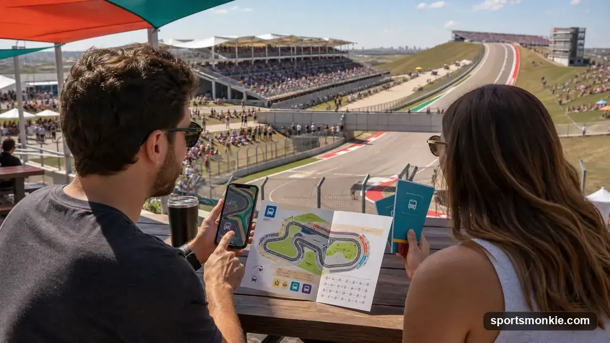 Grandstand crowd at Circuit of the Americas watching an F1 car through Turn 1 during the US Grand Prix