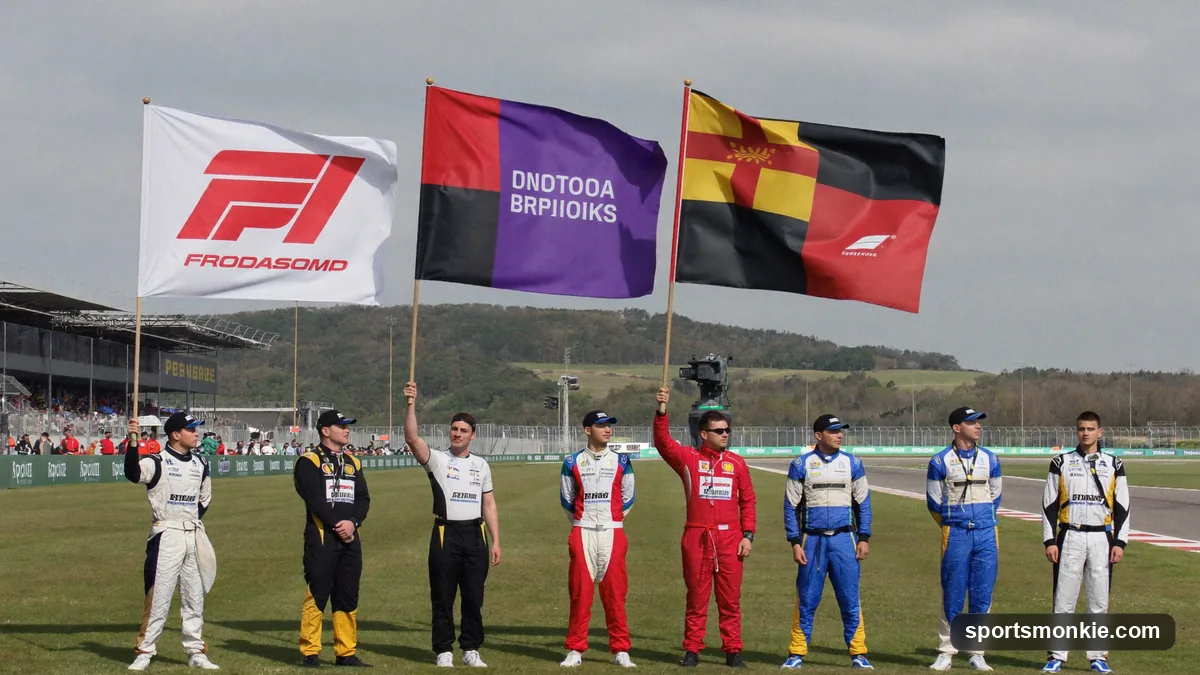 A grid of Formula 1 marshalling flags including yellow, green, red, blue, black and chequered