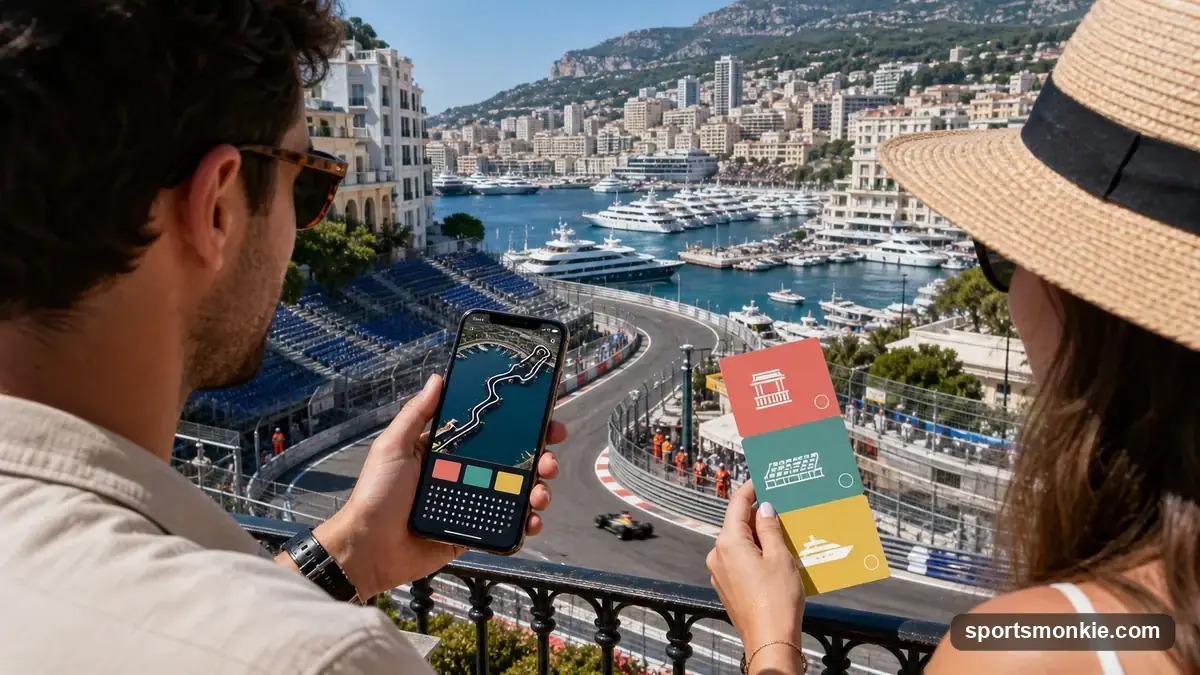 F1 grandstand seating overlooking the Monaco harbor and yachts during the Monaco Grand Prix