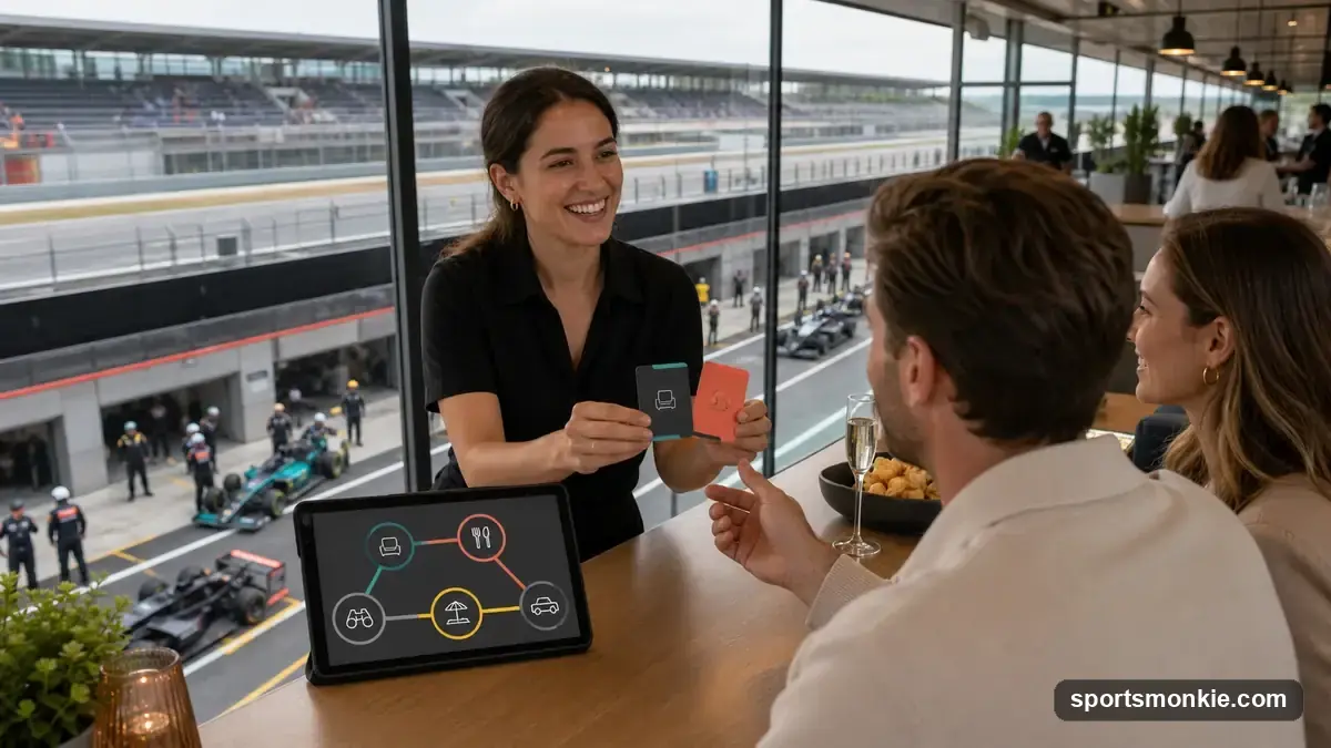 F1 Paddock Club hospitality suite overlooking the pit lane with trackside dining tables