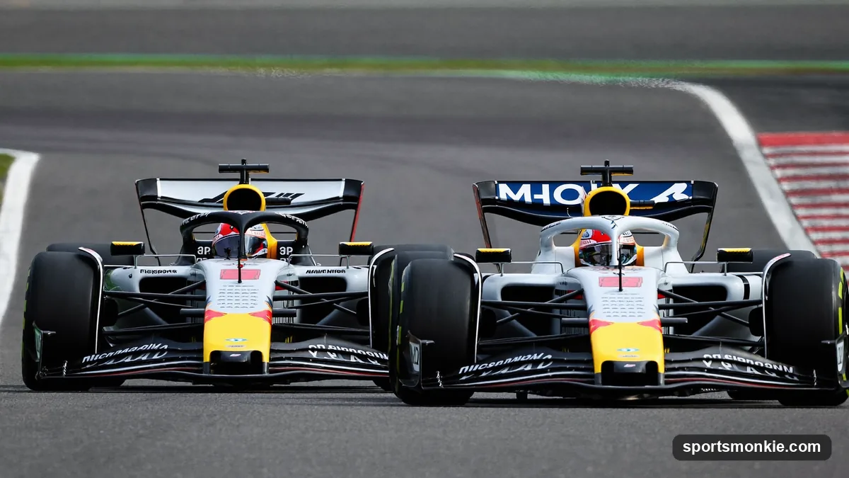 Two Formula 1 cars running nose to tail down a straight, the second in the slipstream of the first