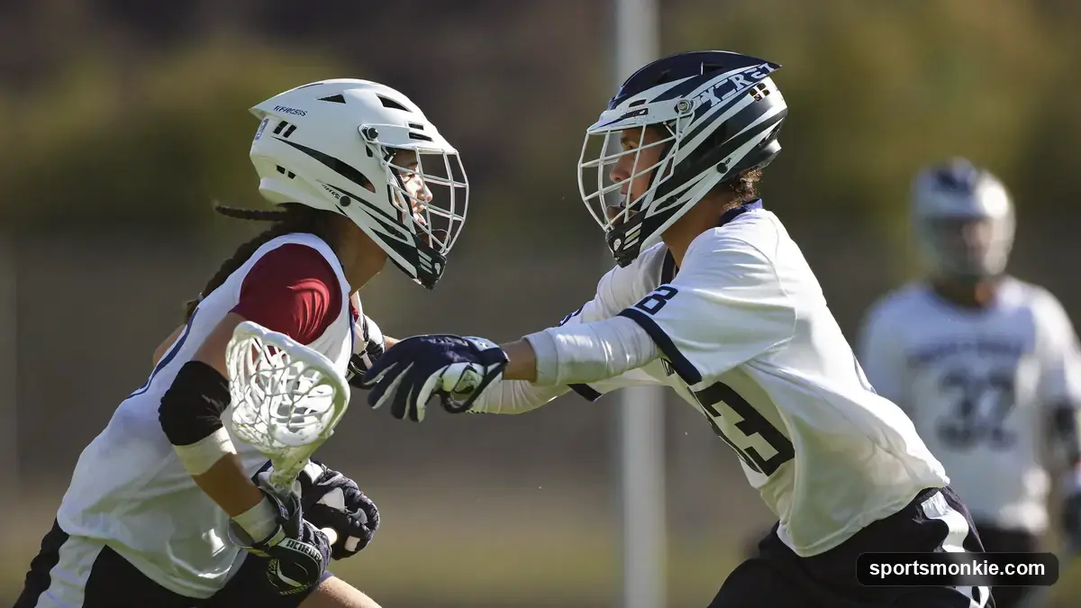 Two lacrosse players clamping at a faceoff with specialized heads