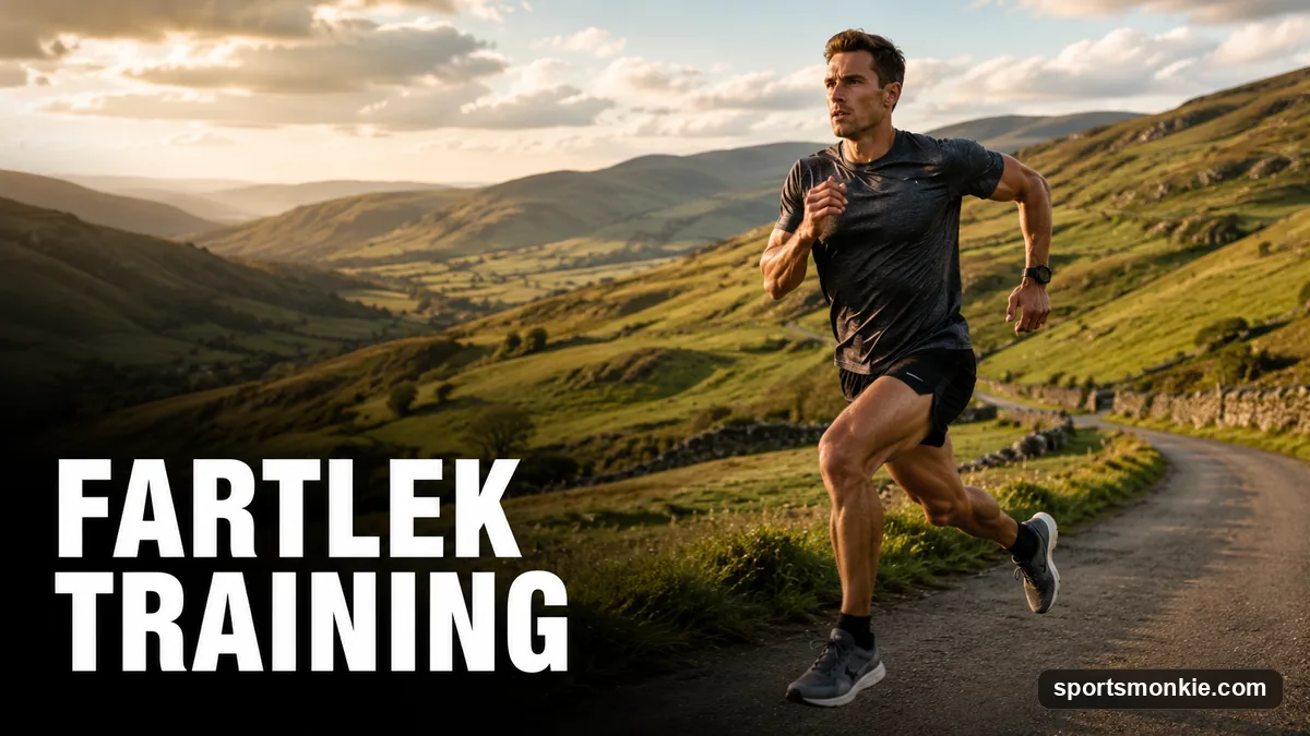A runner surging along a park path during a fartlek speed-play session at dusk