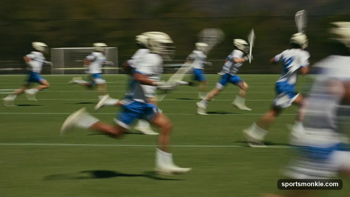 Lacrosse players sprinting in transition as the ball flies on a fast break