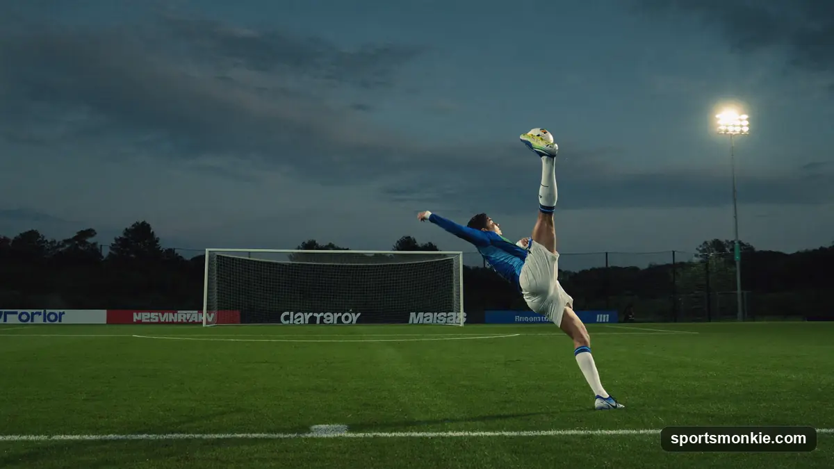 Football rolling into the corner of an empty net with a stadium clock in the background