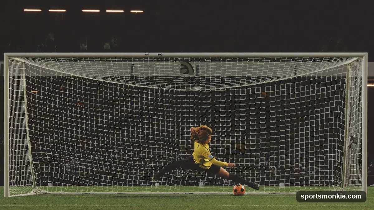 Soccer ball crossing the goal line with a stopwatch overlay and empty net