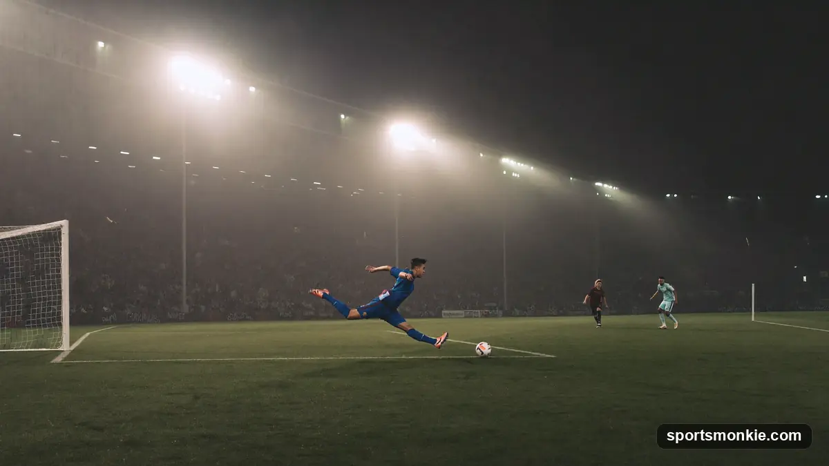 Soccer ball resting in the back of a goal net on a green pitch