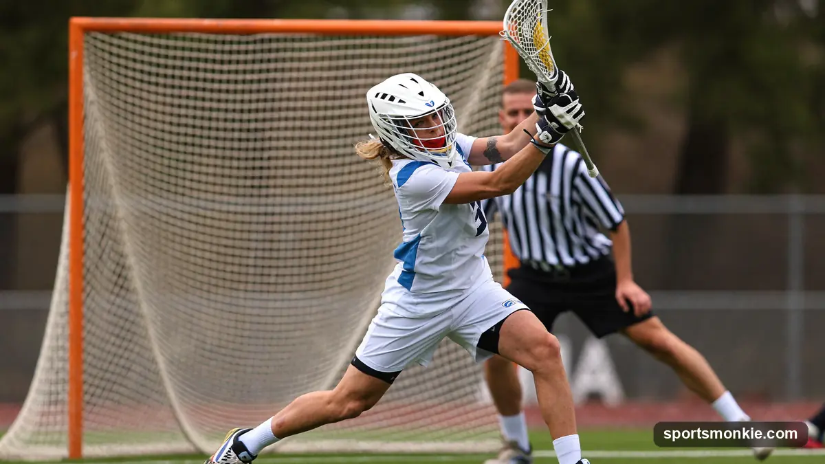 A lacrosse player winding up for a hard overhand shot on goal during a game