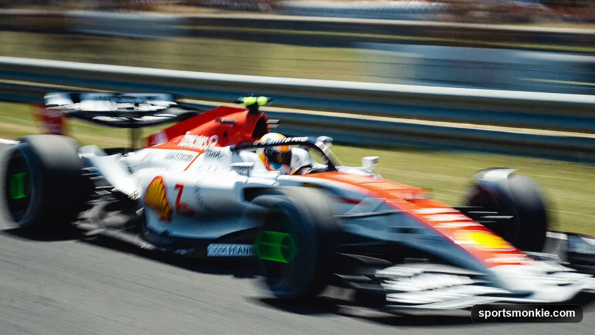 Formula 1 car at high speed on a straight with motion blur