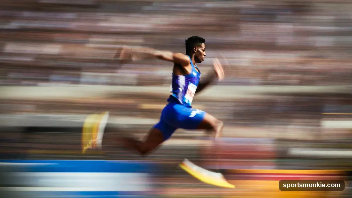 A sprinter powering down the track ahead of the field in a stadium