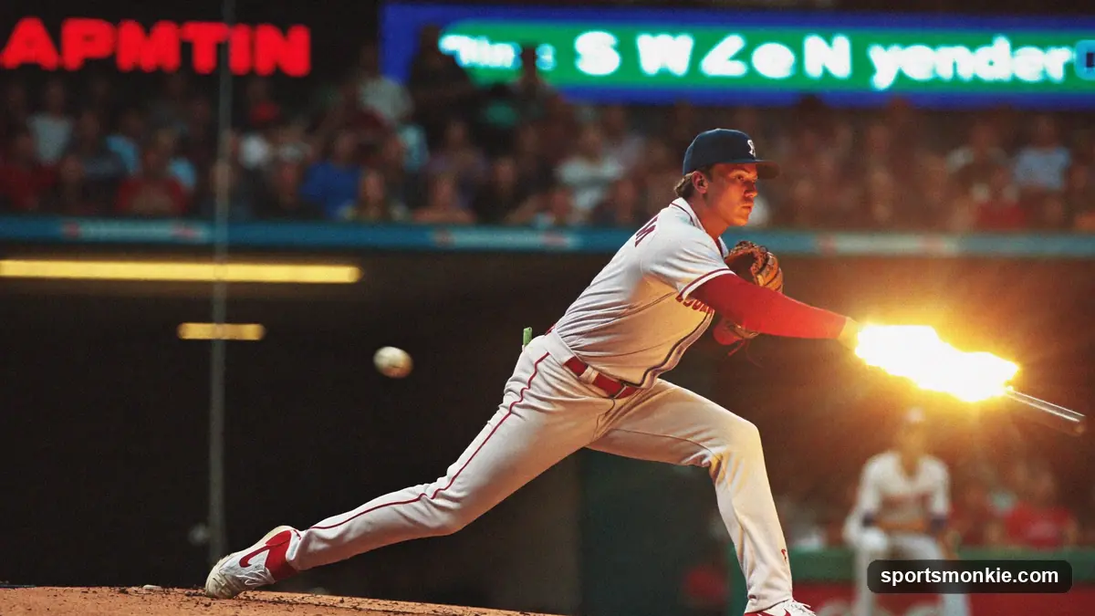 A pitcher releasing a fastball as a radar gun reading glows in the background