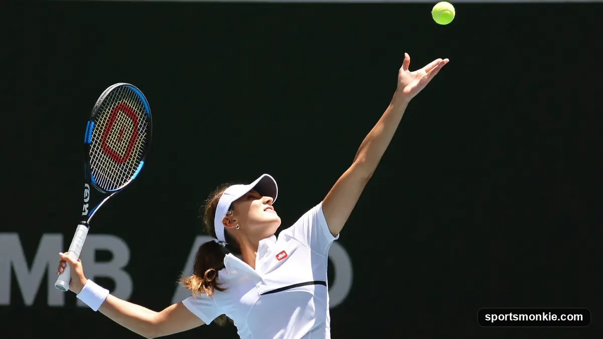 A tennis player launching into a powerful serve on a hard court